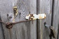 Rusty hook locks the wooden gate of an old barn