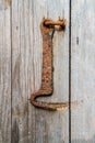 Rusty hook on a wooden door. Royalty Free Stock Photo