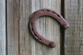 Rusty horseshoe nailed to an old wooden wall