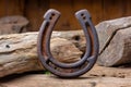 Rusty horseshoe on weathered wood symbolizing luck Royalty Free Stock Photo