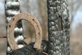 Rusty horseshoes on a burned wooden pole - rustic scene in a country style. Royalty Free Stock Photo