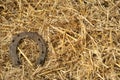 Rusty horseshoes on a straw background - rustic scene in a country style. Old iron Horseshoe - good luck symbol and mascot of well Royalty Free Stock Photo