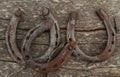 Rusty horseshoes on a wooden wall Royalty Free Stock Photo