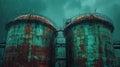 Dilapidated Industrial Storage Tanks in a Rainy, Industrial Landscape with Weathered Metal Texture. Royalty Free Stock Photo