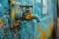 Rusty industrial tap with a single water drop. Generative AI