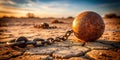 Rusty iron ball and chain on cracked earth at sunset. Generative AI Royalty Free Stock Photo