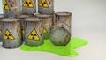 Rusty iron barrels with a biohazard sign. 3D visualization