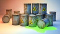 Rusty iron barrels with a biohazard sign. 3D visualization