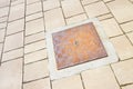 Rusty iron cast manholes in a modern stone paving Royalty Free Stock Photo
