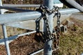 Rusty iron chain locked around metal framework