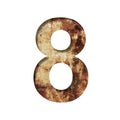 Rusty iron digits. Digit eight, 8 cut out of paper on the background of an old rusty iron sheet with rust stains and cracks.