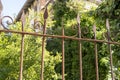 Rusty iron fence with barbed wire fences an abandoned house overgrown with plants Royalty Free Stock Photo