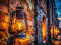 Rusty Iron Lantern Illuminates the Architectural Decay of an Old Urban Building at Night A Study in Vintage Royalty Free Stock Photo