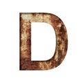 Rusty iron letters. The letter D cut out of paper on the background of an old rusty iron sheet with rust stains and cracks.