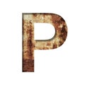 Rusty iron letters. The letter P cut out of paper on the background of an old rusty iron sheet with rust stains and cracks.