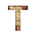 Rusty iron letters. The letter T cut out of paper on the background of an old rusty iron sheet with rust stains and cracks.