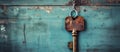 A rusty key on a chain decorates an electric blue door Royalty Free Stock Photo