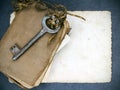 Rusty key, old book and empty photography Royalty Free Stock Photo