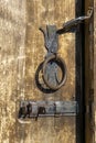 Rusty knocker and bolt on an old wooden door. Old paint and wood texture are visible. Georgia Royalty Free Stock Photo