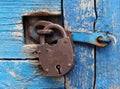 Rusty Lock On A Blue Wooden Door