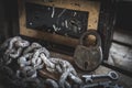 Rusty lock, keys, chain and antique box in wooden case Royalty Free Stock Photo