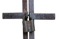 Rusty locked padlock isolated on white background.