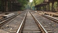 Rusty locomotive on abandoned railroad track vanishing into forest landscape generated by AI