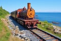 rusty locomotive on coastal railway tracks