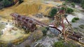 Rusty machinery at the old copper mine, view from above