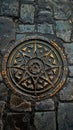 Rusty manhole cover on cobblestone street Royalty Free Stock Photo