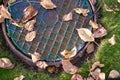 Rusty manhole cover on the grass. Royalty Free Stock Photo