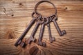 Rusty medieval keys on wood table