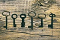 Rusty medieval keys on worn out wood table Royalty Free Stock Photo