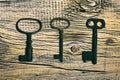 Rusty medieval keys on worn out wood table