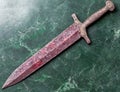 Rusty medieval sword on green marble background Royalty Free Stock Photo