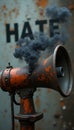 Rusty megaphone emitting smoke with hate message backdrop Royalty Free Stock Photo