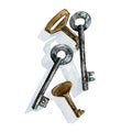 Rusty metal brass and iron key isolated on white background. Watercolor hand draw realistic illustration. Art for design Royalty Free Stock Photo