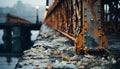 Rusty metal bridge, old ruin, nature backdrop, abandoned construction generated by AI Royalty Free Stock Photo