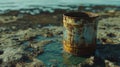 Rusty Metal Bucket on a Rocky Seashore Royalty Free Stock Photo