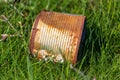Rusty metal can on the grass in the field Royalty Free Stock Photo