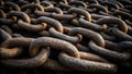 A close-up view of a large pile of old rusty metal chains. Royalty Free Stock Photo