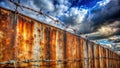 Rusty metal fence with barbed wire under a dramatic sky. Generative AI Royalty Free Stock Photo