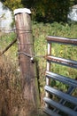 A rusty metal gate chain locked to a wooden post on a farm.  Midwest, USA Royalty Free Stock Photo