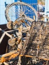 Rusty metal junk objects bicycle, shopping cart