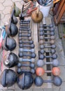 rusty metal on kettlebells, dumbbells and canters. Antique items for weighing products. For bodybuilding, for sports at home Royalty Free Stock Photo