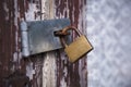 Rusty metal padlock on an old wooden door