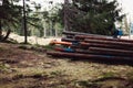 Rusty metal pipes in the forest closeup Royalty Free Stock Photo