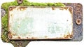 Rusty metal plate with moss on white background: industrial texture and natural growth Royalty Free Stock Photo