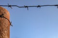 Rusty metal pole wrapped in barbed wire against blue sky. Close-up. Copy space Royalty Free Stock Photo