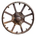 Rusty metal retro wheel from an agricultural  tractor machinery isolated Royalty Free Stock Photo